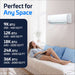 Bedroom sizing guide shows ACiQ 9000 BTU Essentials 21 SEER2 Single Zone Wall Mount Mini Split Heat Pump System as suitable for spaces around 250 to 400 square feet