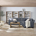 Behind a large sectional sofa, Crate & Barrel Terrazza Natural Oak 5-Shelf Bookcases, Set of 2 creates a stylish room divider with open storage and decor