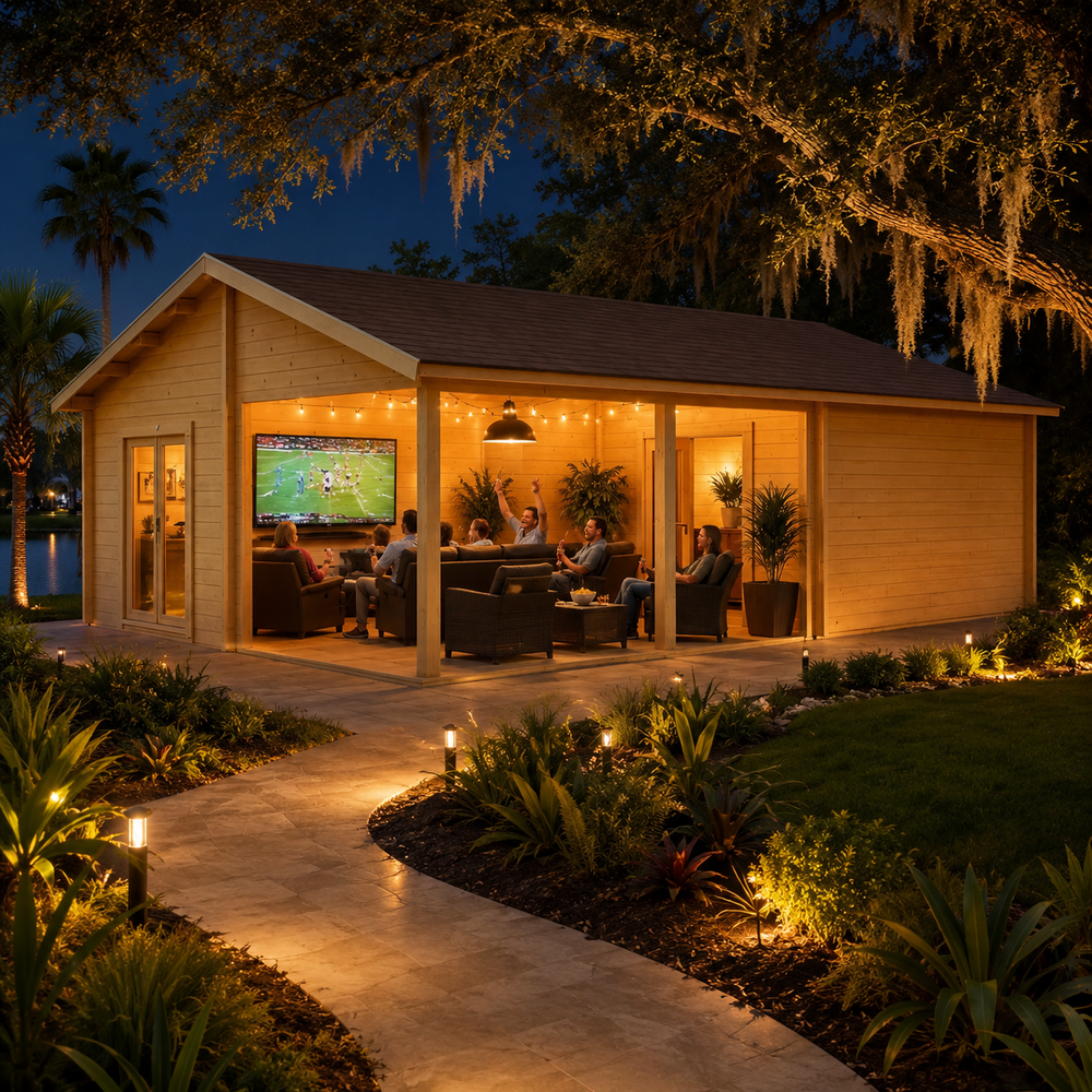 Bendy 70 illuminated on a clear Florida night as family and friends watch sports together, surrounded by palms, Spanish moss, tropical landscaping, and a lakeside pathway.