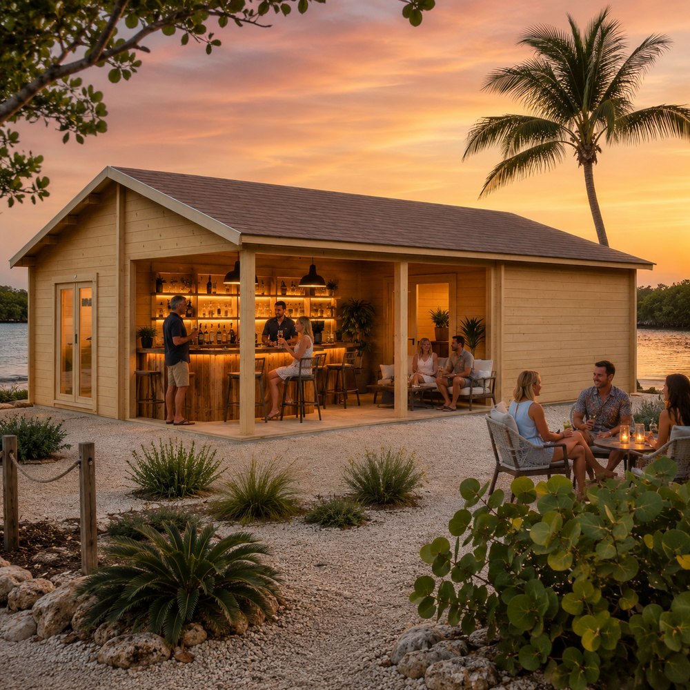 Bendy 70 transformed into an upscale golden-hour entertainment bar, with adults socializing beside a Florida Keys mangrove waterfront.