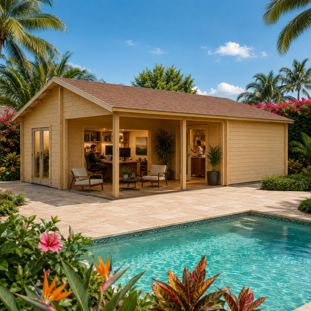 Bendy 70 Multi-Room Freedom House configured as a sunny executive home office beside a pool in a lush Boca Raton tropical garden.