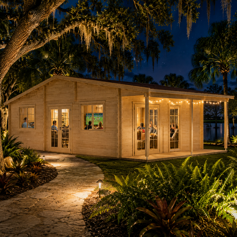 Bente 70 glowing at night as family and friends watch sports inside, surrounded by illuminated palms, Spanish moss, and a Central Florida lake.