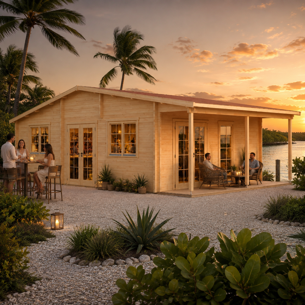 Bente 70 transformed into an upscale golden-hour bar where adults socialize beside a Florida Keys mangrove waterfront.