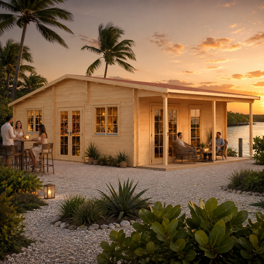 Bente 70 transformed into an upscale golden-hour bar where adults socialize beside a Florida Keys mangrove waterfront.