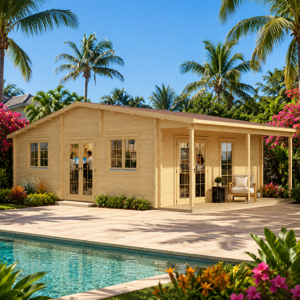 Bente 70 Multi-Room Freedom House configured as a sunny home office beside a pool in a lush Palm Beach tropical garden.