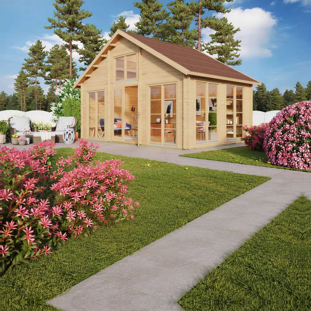 A cozy wooden cabin with large windows and a gable roof stands in a blooming garden, representing the GardenHouse24 USA Bern 70 Garden Room
