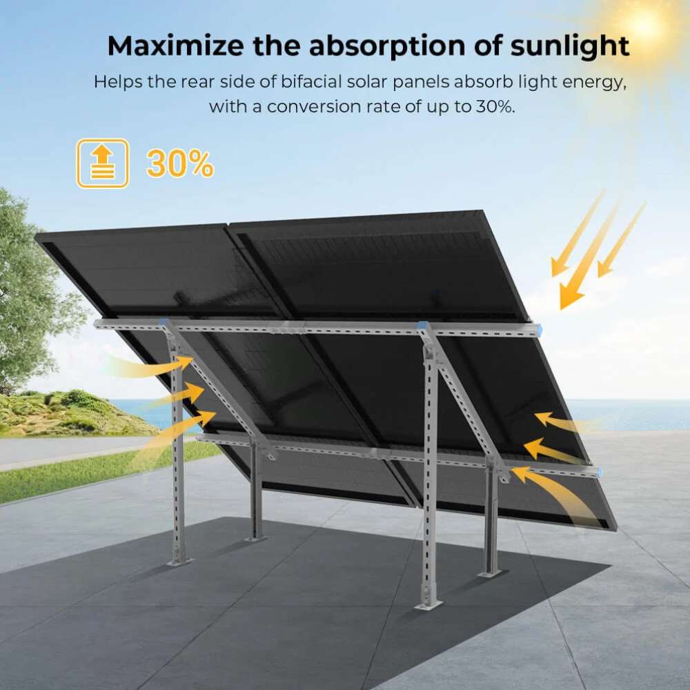 Bifacial solar panels mounted on Sun Gold Power Modular & Expandable Ground Mount Brackets to maximize sunlight absorption