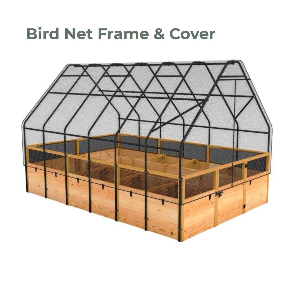 Bird Net Frame & Cover Outdoor Living Today 8x12 Raised Garden Bed with a tall black frame and protective bird netting covering the wooden planter