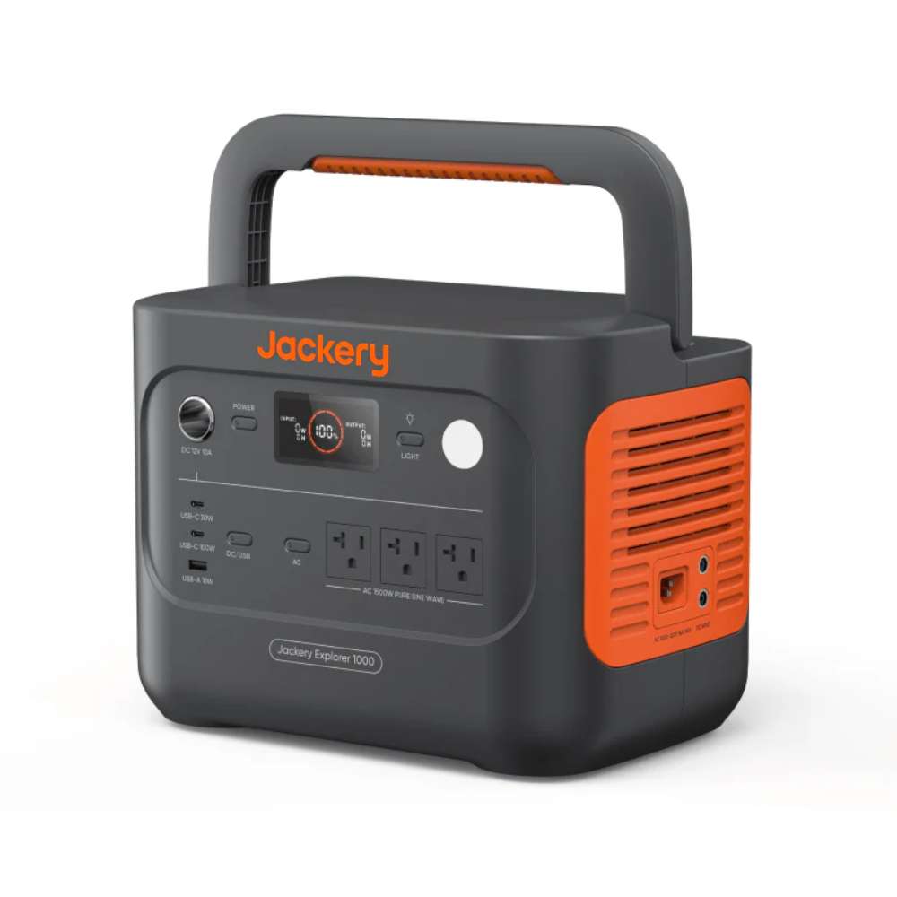 Black Jackery Explorer 1000 V2 Portable Power Station shown from an angled front view highlighting its compact design, ports, and built-in handle