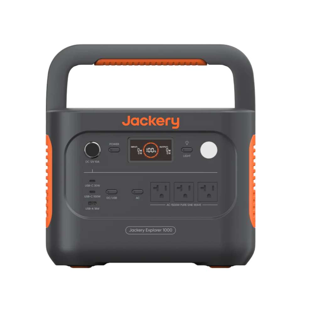 Black Jackery Explorer 1000 V2 Portable Power Station shown from the front with its display, outlets, USB ports, and sturdy carrying handle