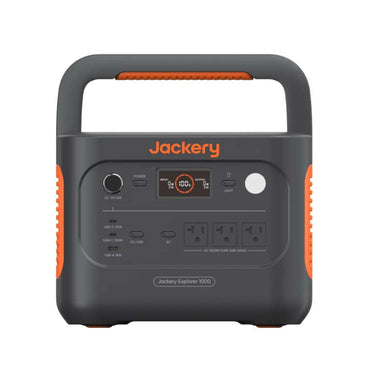 Black Jackery Explorer 1000 V2 Portable Power Station shown from the front with its display, outlets, USB ports, and sturdy carrying handle