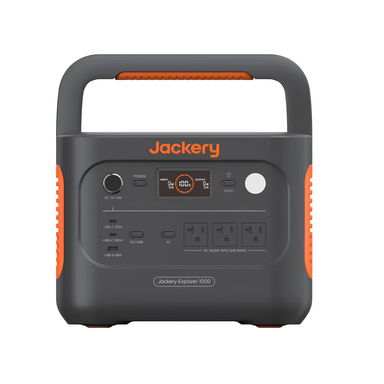 Black Jackery Explorer 1000 V2 Portable Power Station shown from the front with its display, outlets, USB ports, and sturdy carrying handle