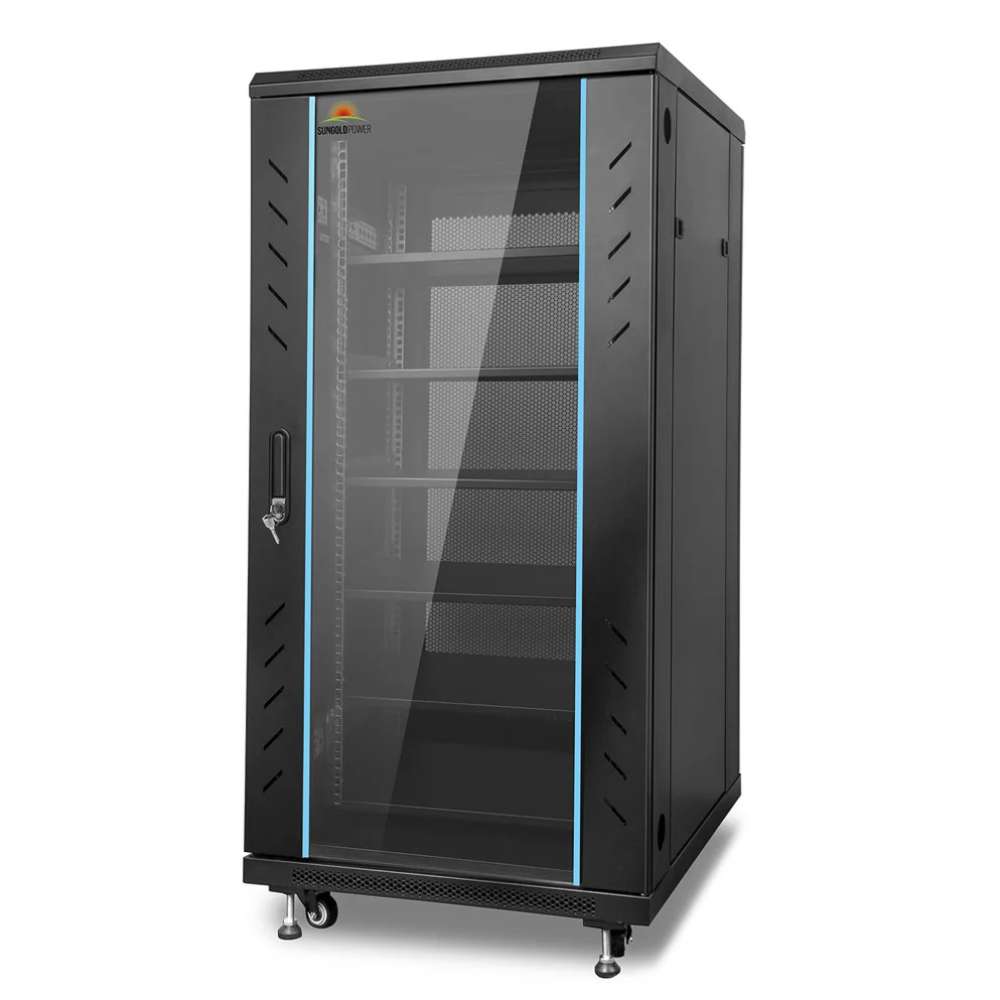 Black Sun Gold Power Enclosed Battery Cabinet 6 Slot with Bus Bar with a lockable glass door, ventilation, and rolling casters