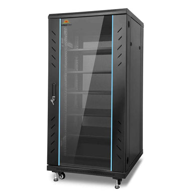 Black Sun Gold Power Enclosed Battery Cabinet 6 Slot with Bus Bar with a lockable glass door, ventilation, and rolling casters
