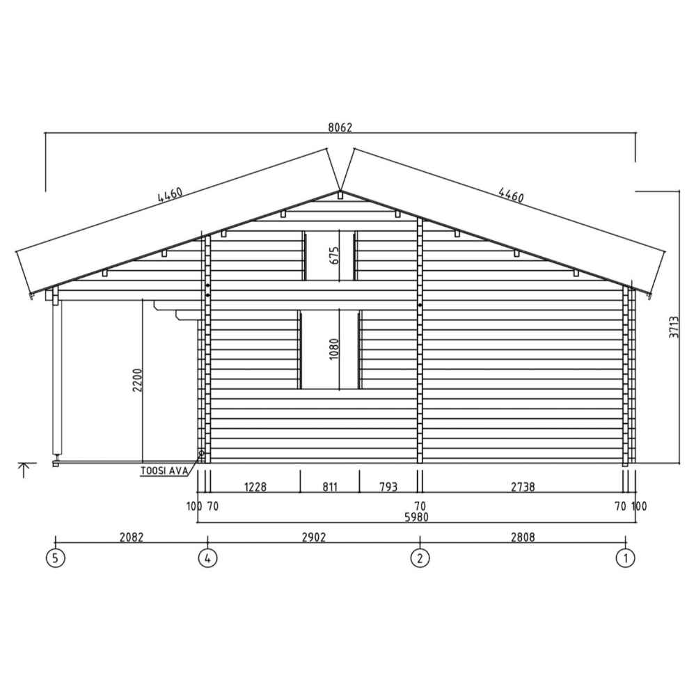 Black-and-white architectural elevation plan showing dimensions and structure of the GardenHouse24 USA Mikka 70B Garden Room