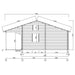 Black-and-white architectural elevation plan showing dimensions and structure of the GardenHouse24 USA Mikka 70B Garden Room