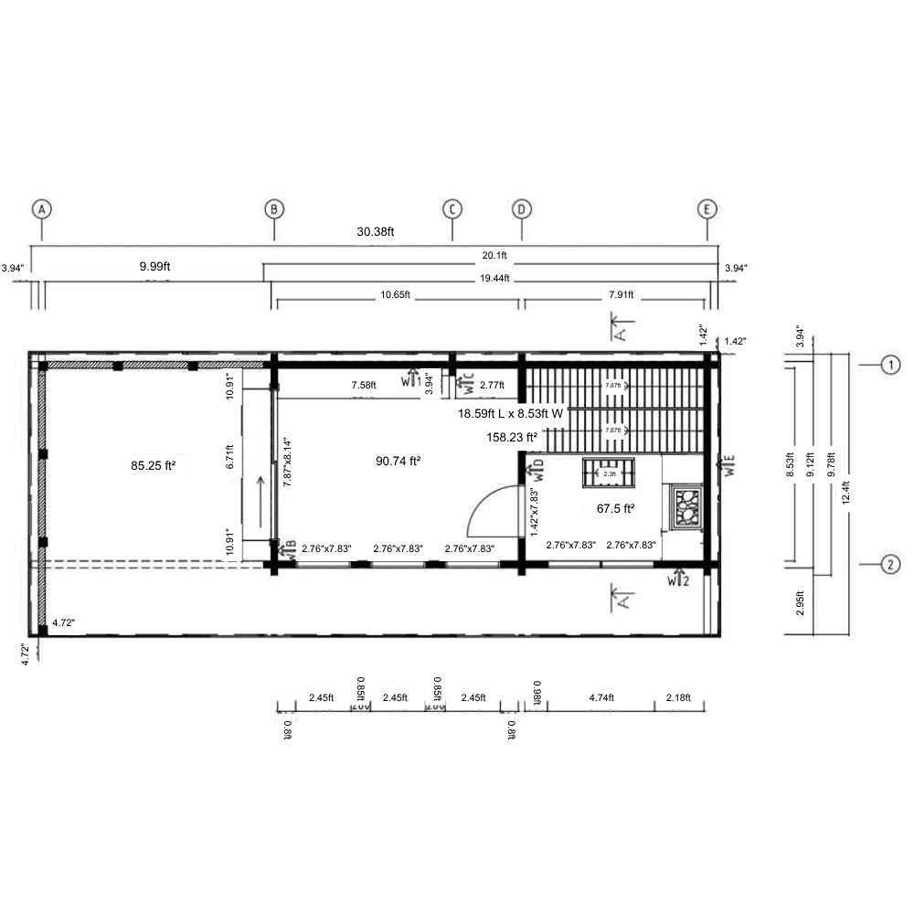 Black-and-white floor plan of GardenHouse24 USA Sauna Largo 90 Garden Room outlining three interior zones with measurements