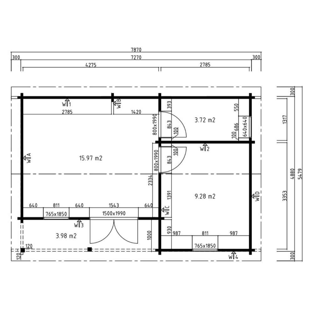 Black-and-white floor plan with labeled measurements outlines three distinct interior sections of the GardenHouse24 USA Lilja 70 Garden Room, including a living space, bedroom, and bathroom