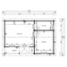 Black-and-white floor plan with labeled measurements outlines three distinct interior sections of the GardenHouse24 USA Lilja 70 Garden Room, including a living space, bedroom, and bathroom