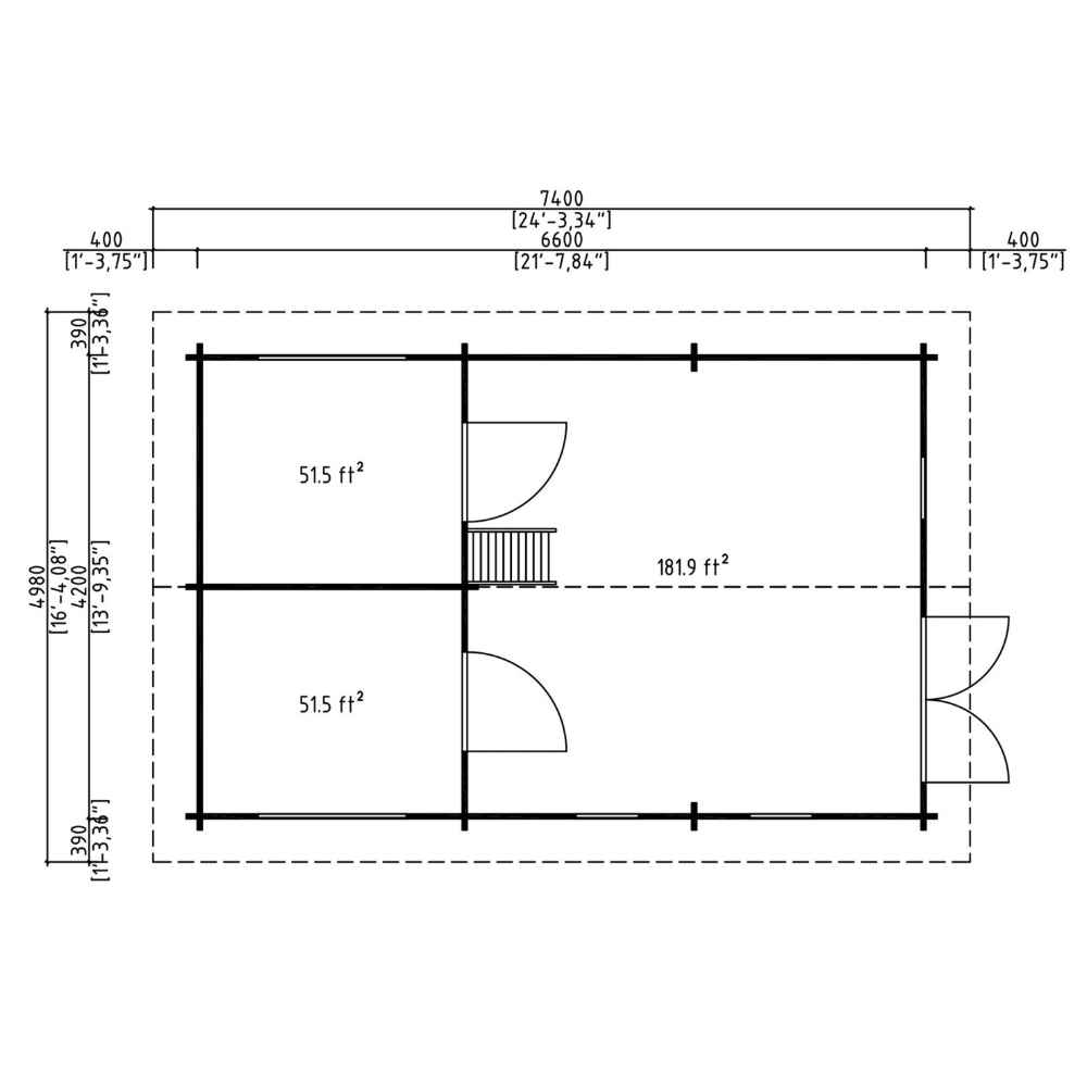 Black-and-white layout provides square footage and door placements of the GardenHouse24 USA Farum 44 Garden Room