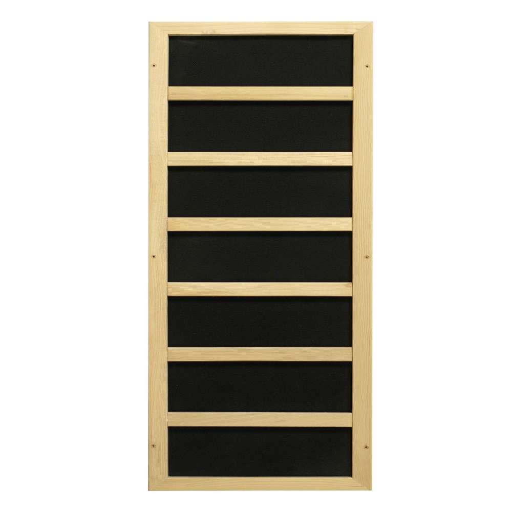 Black carbon infrared heating panel in a light wood frame used in Golden Designs Dynamic Barcelona Elite 1-2 Person Ultra Low EMF Far Infrared Sauna