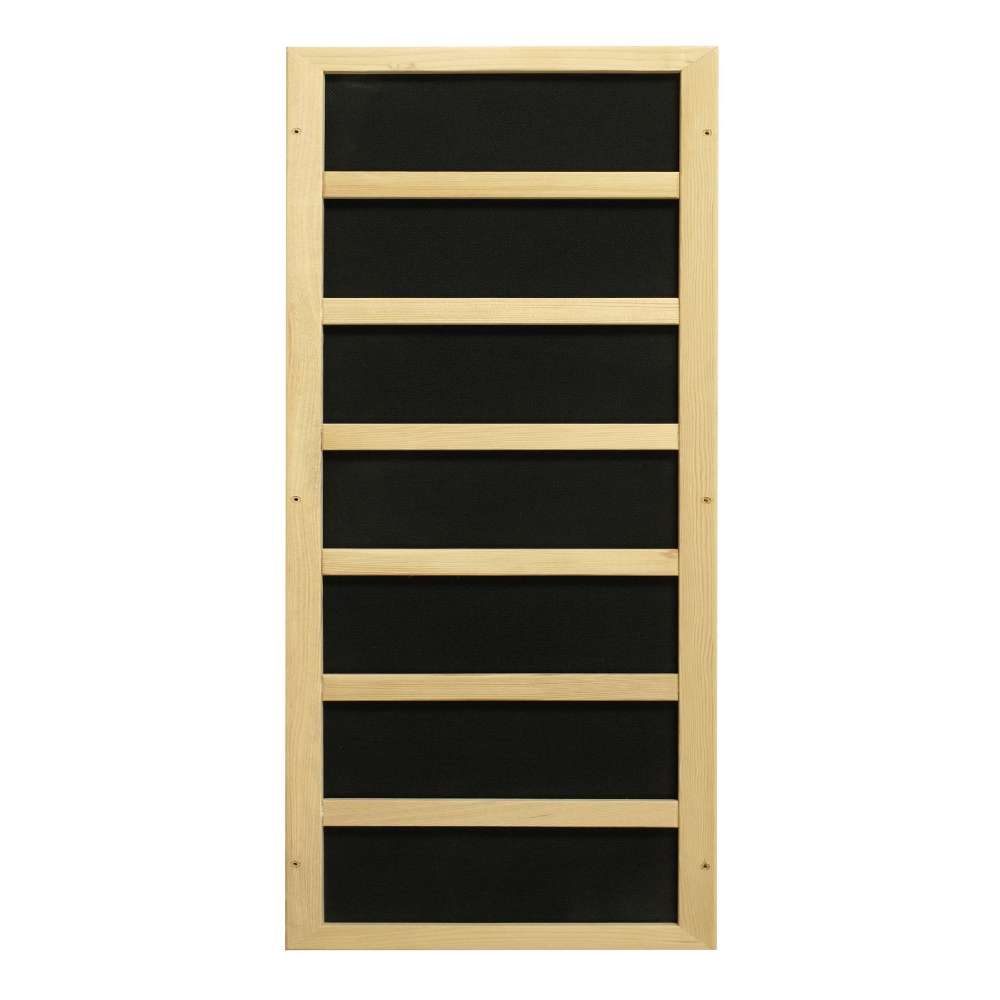 Black carbon infrared heating panel in a light wood frame used in Golden Designs Dynamic Bellagio 3 Person Low EMF Far Infrared Sauna