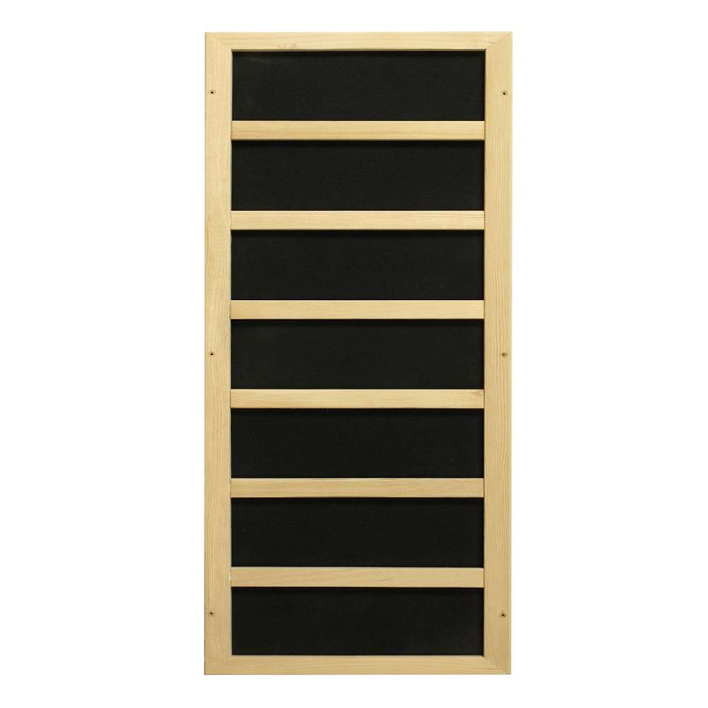 Black carbon infrared heating panel in a light wood frame used in Golden Designs Dynamic Bergamo 4 Person Low EMF Far Infrared Sauna