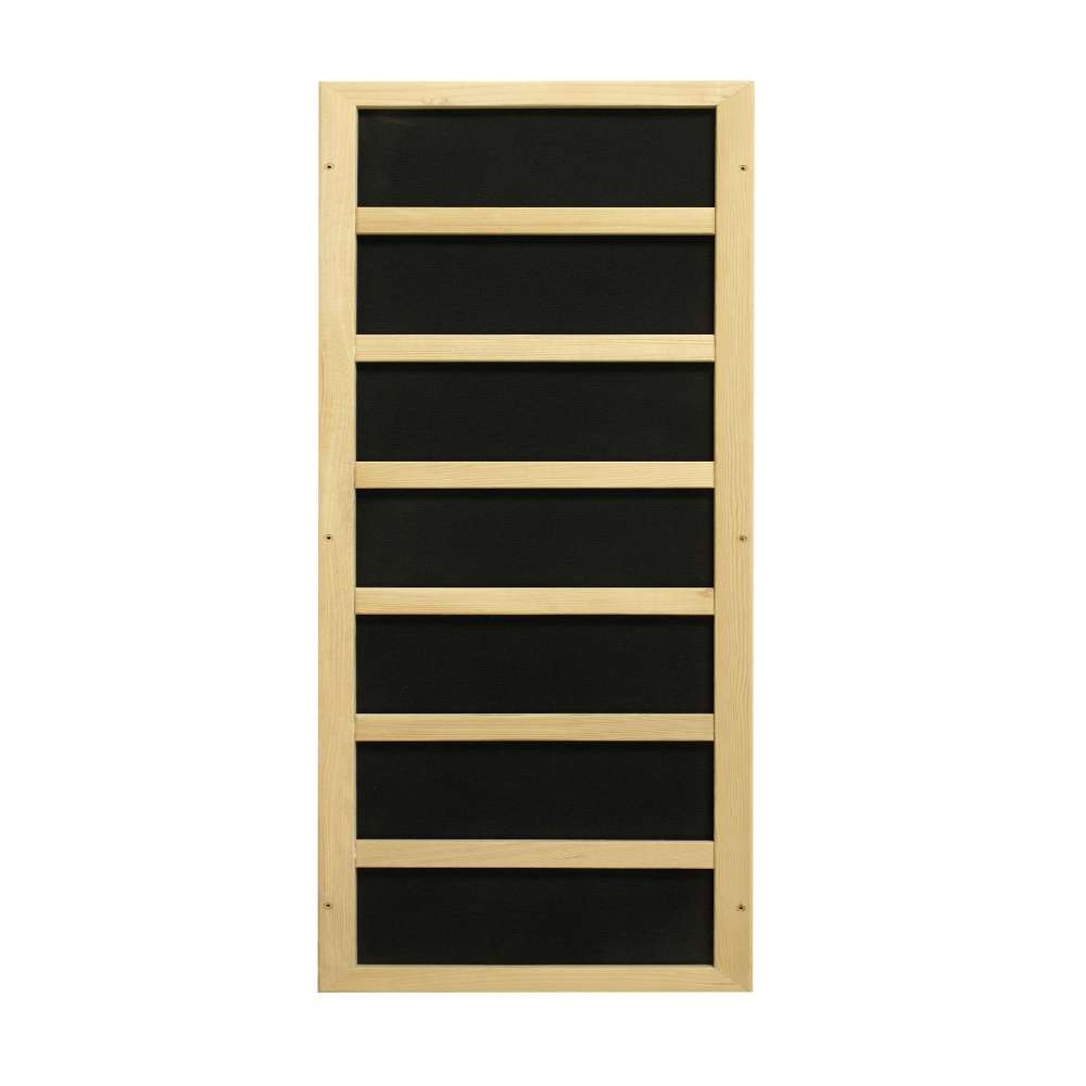 Black carbon infrared heating panel in a light wood frame used in Golden Designs Dynamic Cordoba 2 Person Full Spectrum Infrared Sauna