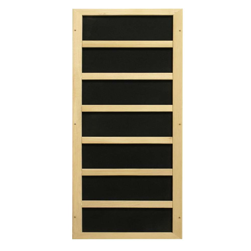 Black carbon infrared heating panel in a light wood frame used in Golden Designs Dynamic Cordoba Elite 2 Person Ultra Low EMF Far Infrared Sauna