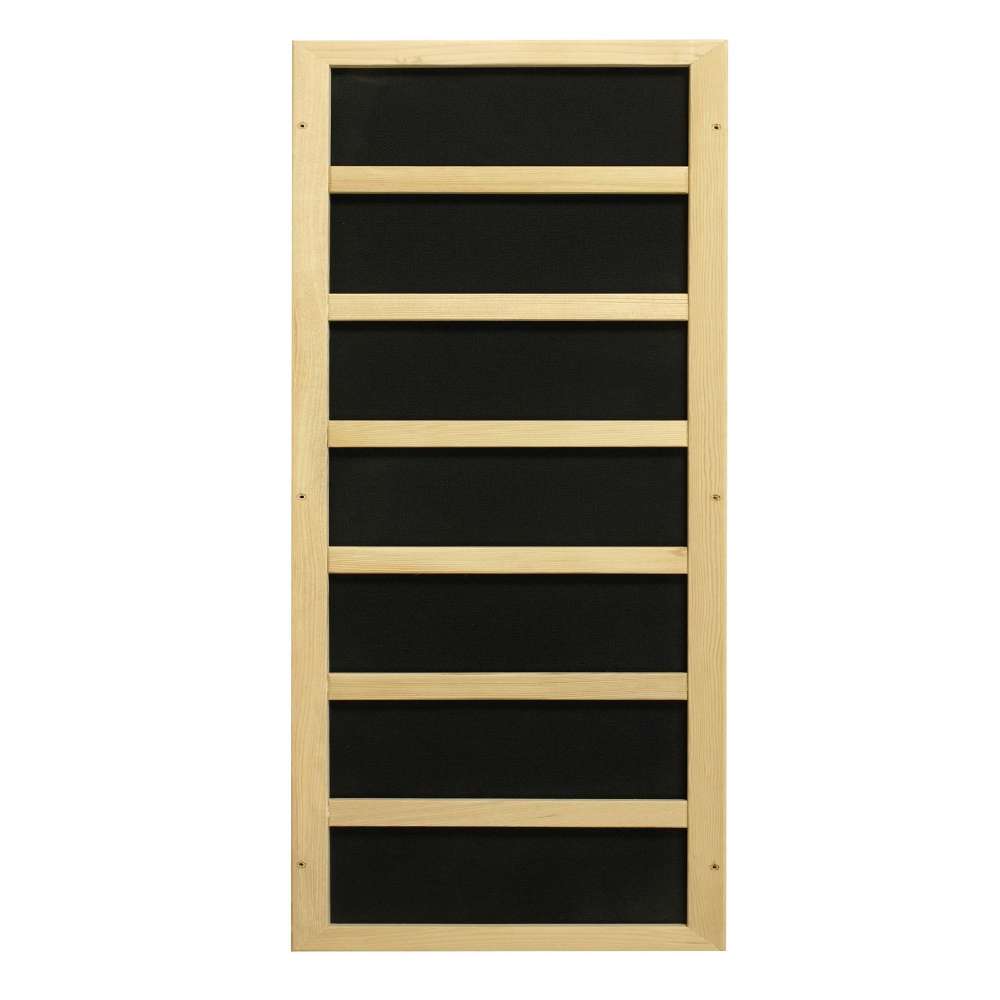 Black carbon infrared heating panel in a light wood frame used in Golden Designs Dynamic Gracia 1-2 Person Full Spectrum Near Zero EMF Far Infrared Sauna