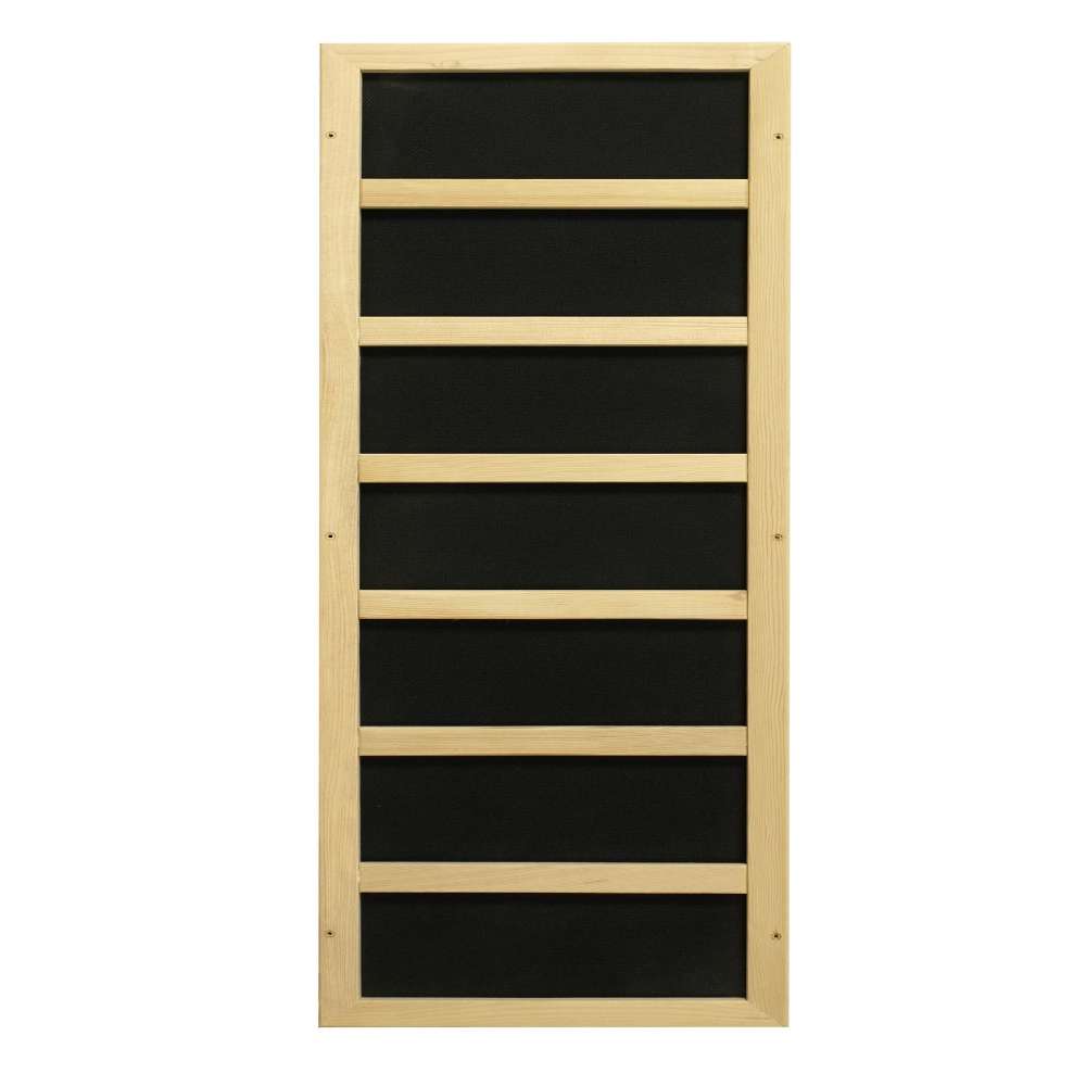 Black carbon infrared heating panel in a light wood frame used in Golden Designs Dynamic Heming 2 Person Low EMF Far Infrared Corner Sauna