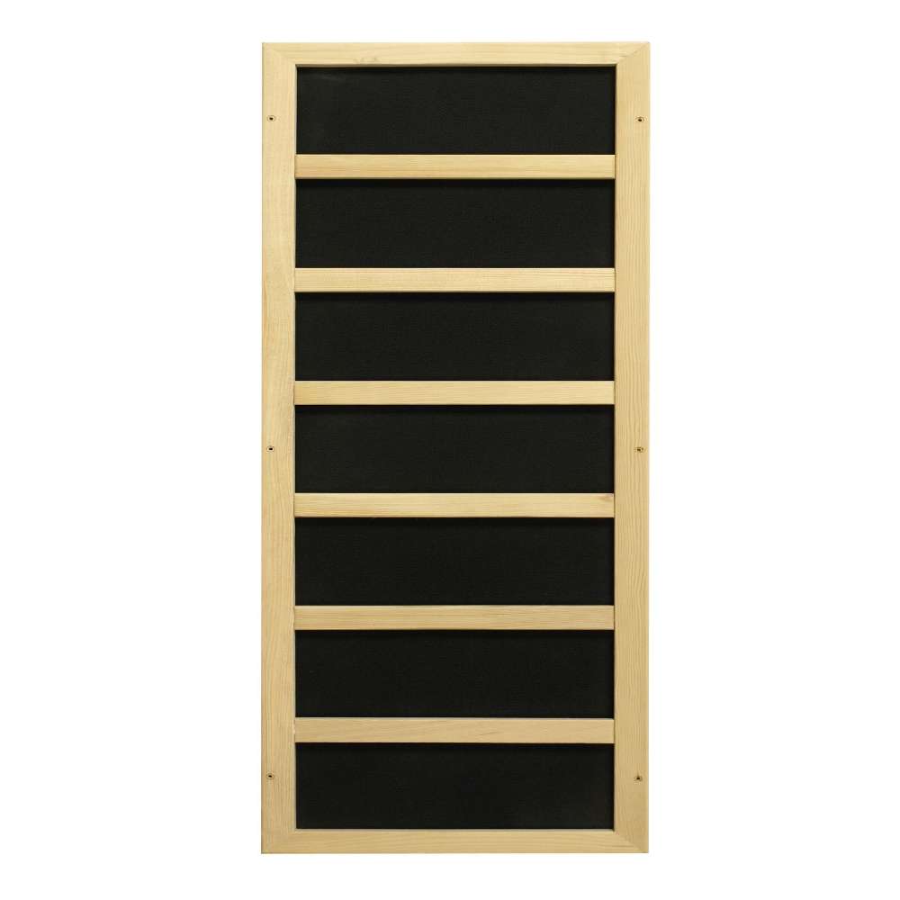 Black carbon infrared heating panel in a light wood frame used in Golden Designs Dynamic Lugano 3 Person Full Spectrum Infrared Sauna
