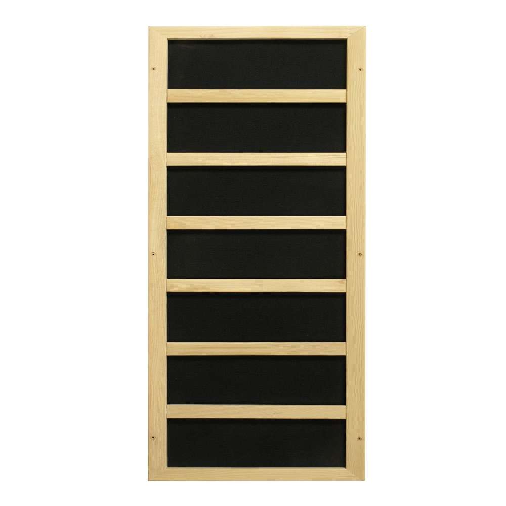 Black carbon infrared heating panel in a light wood frame used in Golden Designs Dynamic Lugano 3 Person Low EMF Far Infrared Sauna