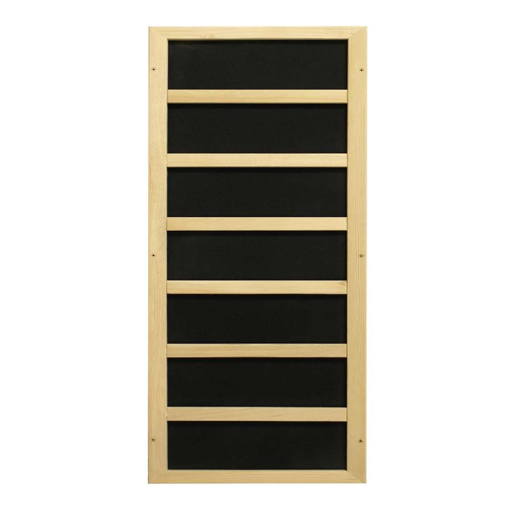 Black carbon infrared heating panel in a light wood frame used in Golden Designs Dynamic Monaco Elite 6 Person Ultra Low EMF Far Infrared Sauna