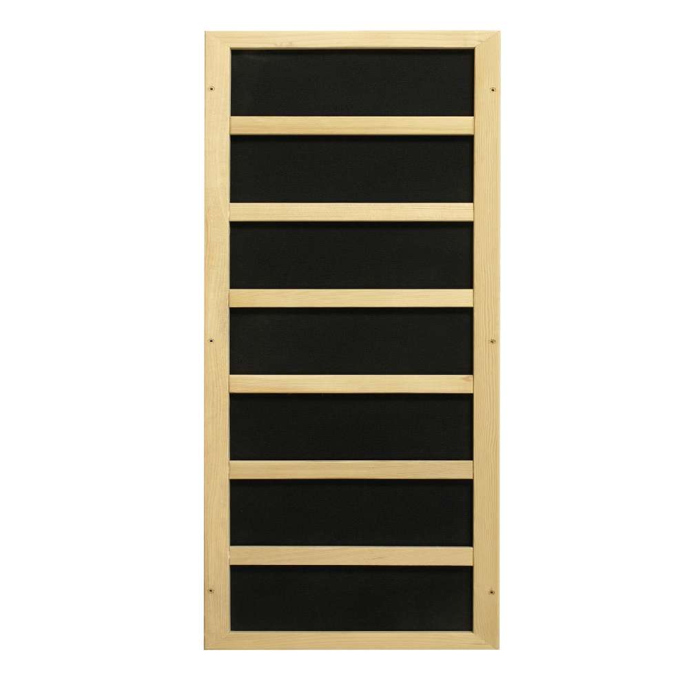 Black carbon infrared heating panel in a light wood frame used in Golden Designs Dynamic Santiago 2 Person Low EMF Far Infrared Sauna