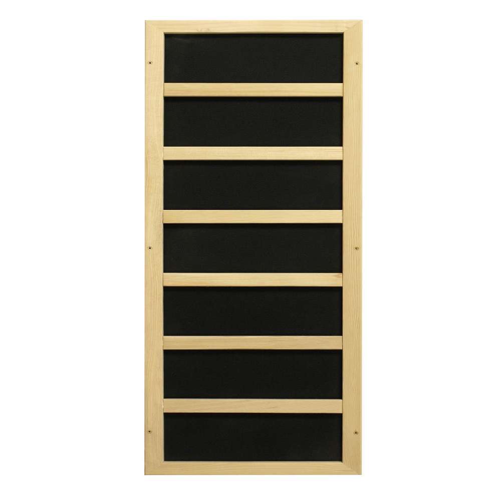 Black carbon infrared heating panel in a light wood frame used in Golden Designs Dynamic Serena Elite 2 Person Ultra Low EMF Far Infrared Sauna