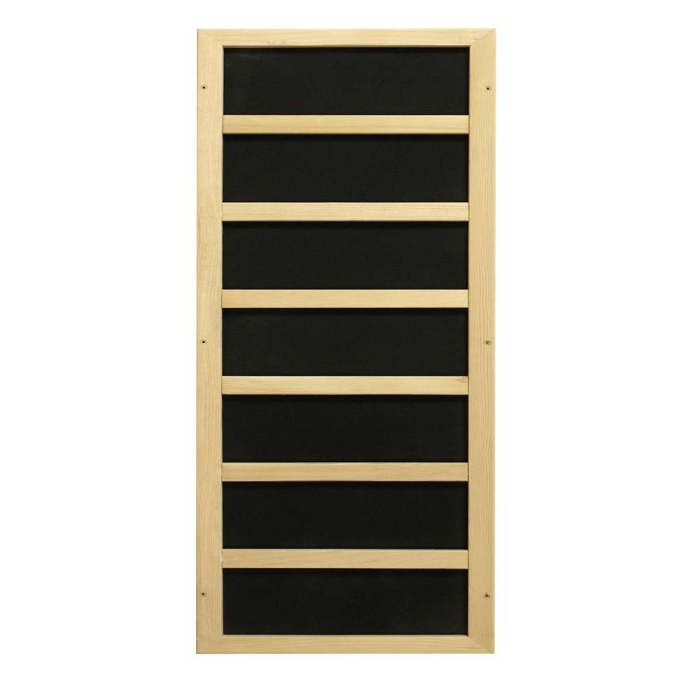 Black carbon infrared heating panel in a light wood frame used in Golden Designs Dynamic Versailles 2 Person Low EMF Far Infrared Sauna