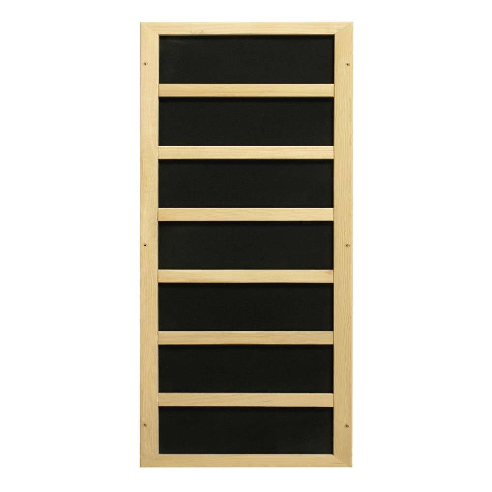 Black carbon infrared heating panel in a light wood frame used in Golden Designs Dynamic Versailles Elite 2 Person Ultra Low EMF Far Infrared Sauna