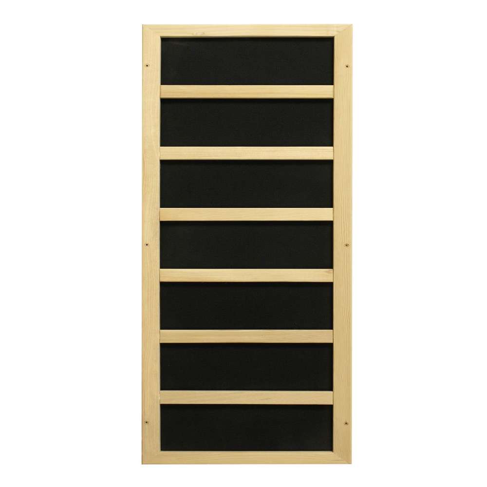 Black carbon infrared heating panel in a light wood frame used in Golden Designs Dynamic Vittoria 2 Person Low EMF Far Infrared Sauna