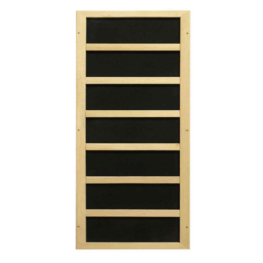Black carbon infrared heating panel in a light wood frame used in Golden Designs Dynamic Vittoria Elite 2 Person Ultra Low EMF Far Infrared Sauna