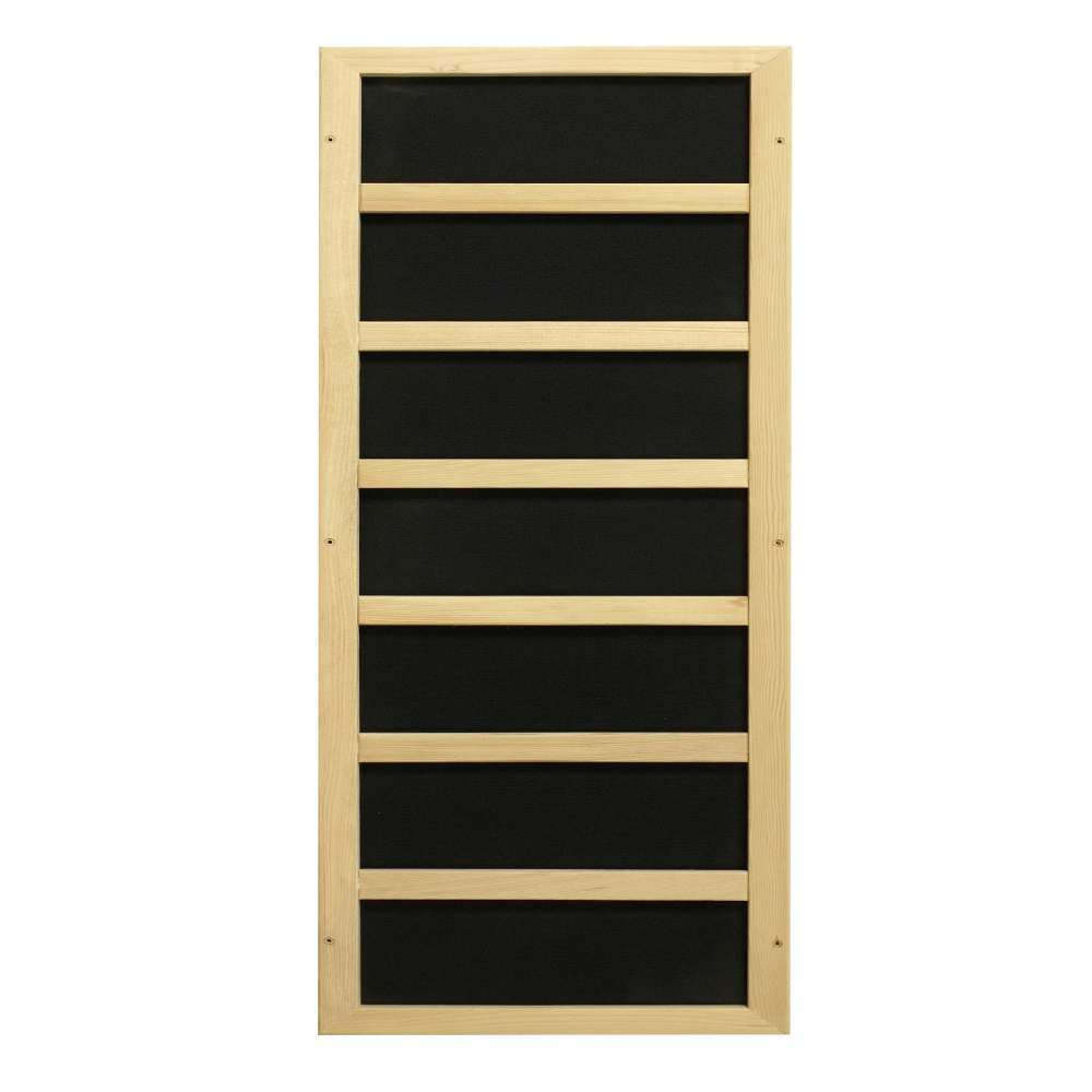 Black carbon infrared heating panel in a light wood frame used in Golden Designs Maxxus 2 Person Full Spectrum Infrared Sauna in Red Cedar