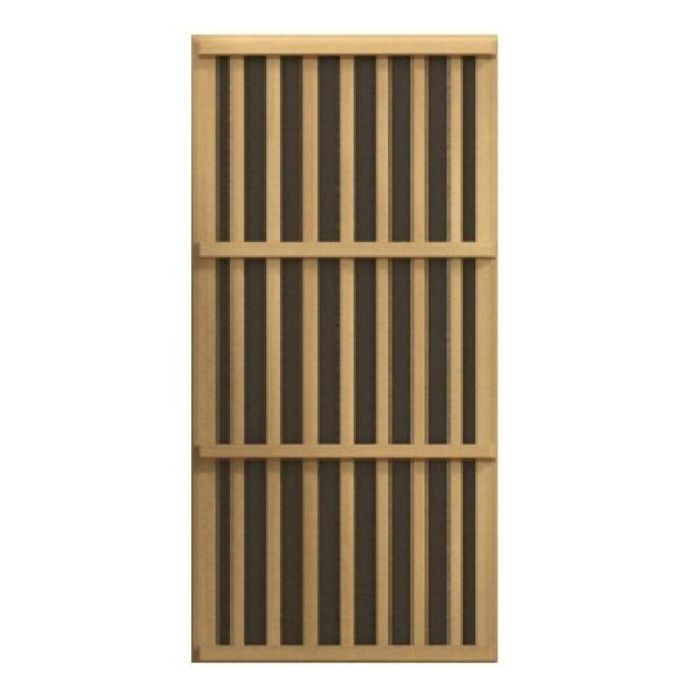 Black carbon infrared heating panel in a light wood frame used in Golden Designs Maxxus Aspen Dual Tech 2 Person Low EMF Far Infrared Sauna