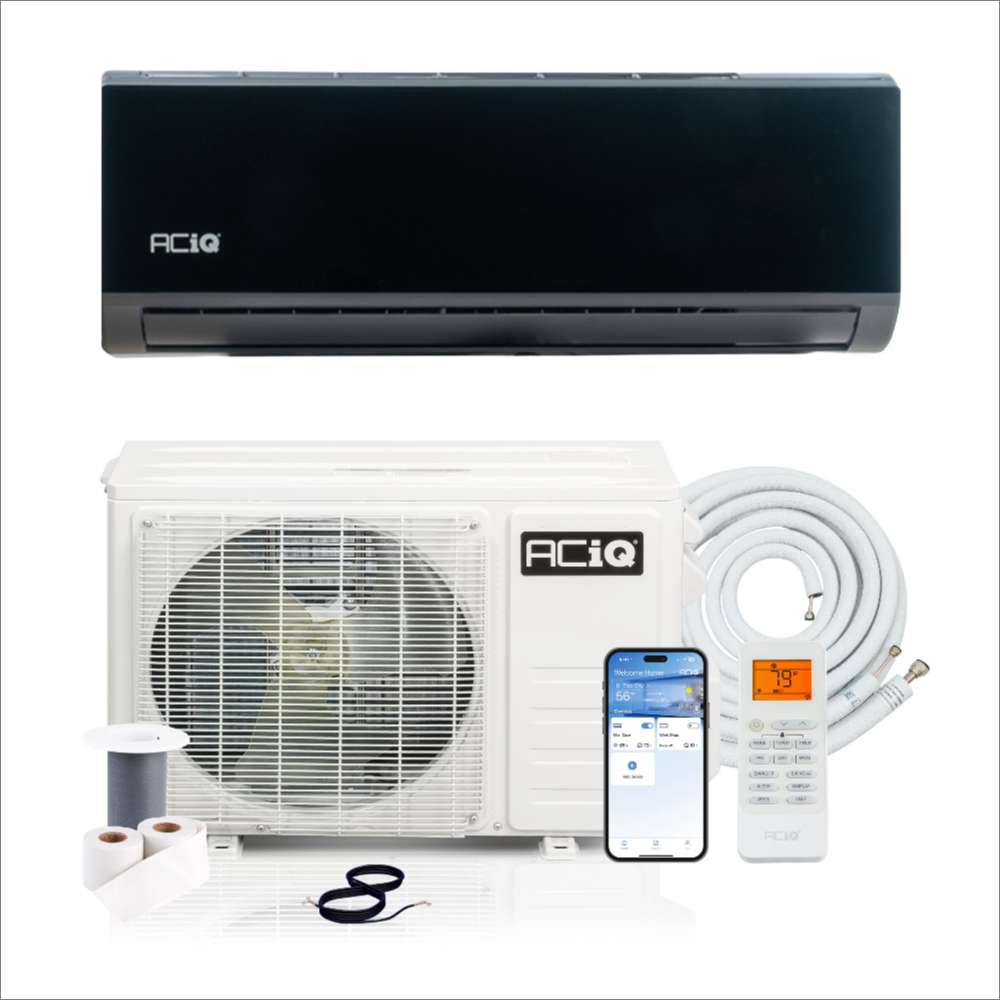 Black indoor wall unit shown above the white condenser, remote, smartphone app, line set and accessories of ACiQ 12000 BTU Essentials 20 SEER2 Single Zone Wall Mount Mini Split Heat Pump System