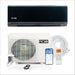 Black indoor wall unit shown above the white condenser, remote, smartphone app, line set and accessories of ACiQ 12000 BTU Essentials 20 SEER2 Single Zone Wall Mount Mini Split Heat Pump System