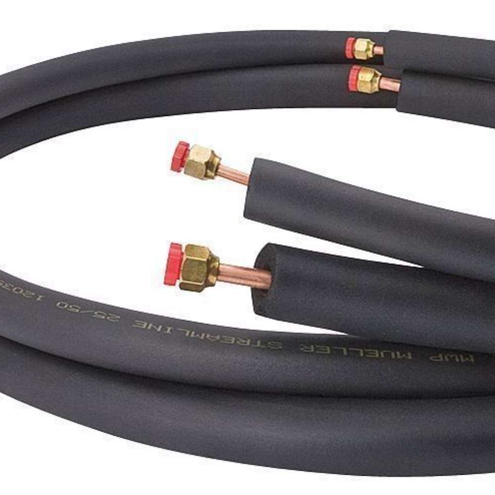 Black insulated refrigerant line set with brass flare fittings is used to connect the ACiQ 18000 BTU Essentials 22 SEER2 2 Zone Wall Mount Mini Split Heat Pump System