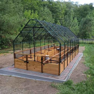 Black metal mesh greenhouse frame stands tall over an Outdoor Living Today 8×16 Raised Garden Bed set on a paved base in a backyard with trees