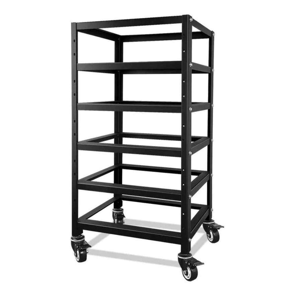 Black steel Sun Gold Power 5-Layer Battery Rack with five shelves and locking caster wheels