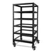 Black steel Sun Gold Power 5-Layer Battery Rack with five shelves and locking caster wheels