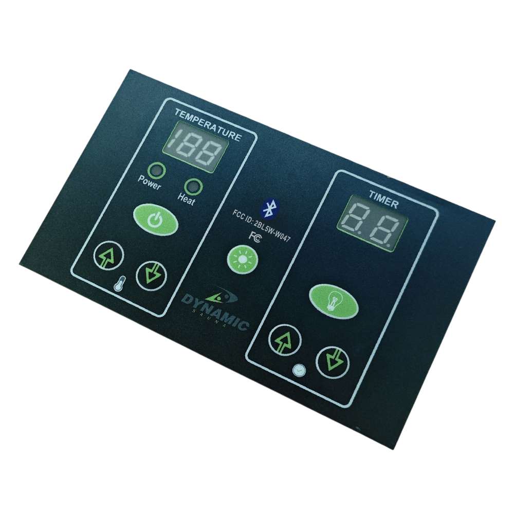 Black touch control panel with temperature and timer displays and green buttons for Golden Designs Dynamic Llumeneres 2 Person Full Spectrum Near Zero EMF Far Infrared Sauna