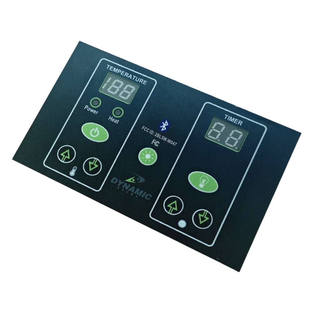 Black touch control panel with temperature and timer displays and green buttons for Golden Designs Dynamic Serena 2 Person Full Spectrum Near Zero EMF Infrared Sauna